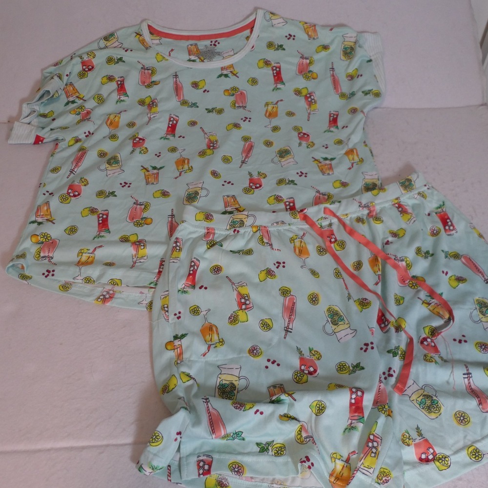 Cuddl Duds Women Pajama Set M Mint Green Cocktail Print Cottagecore Feminine